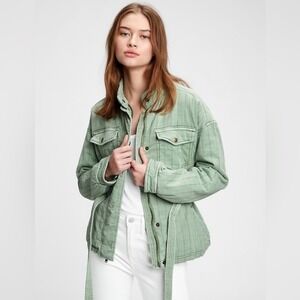 Gap Quilted Utility Belted Jacket Size LP Coquette Soft Girl Green Bohemian